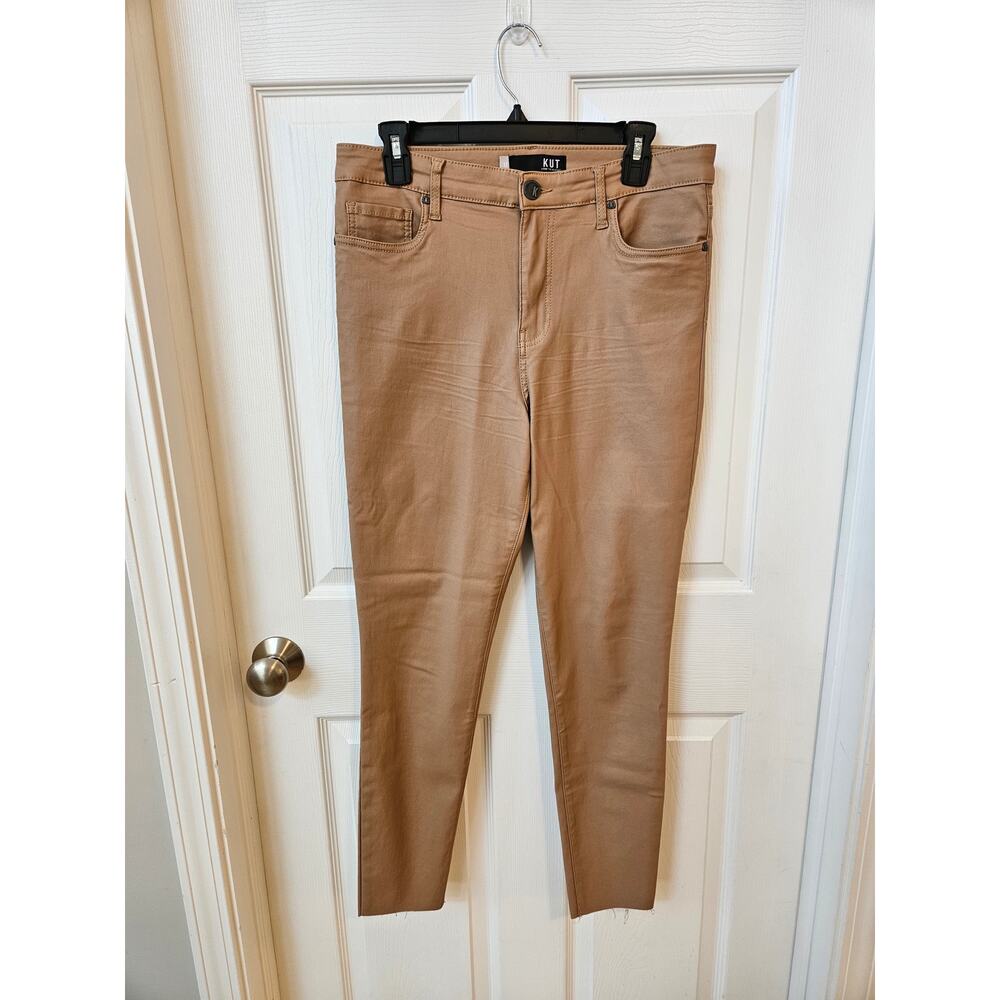 KUT From The Kloth Coated Skinny Ankle Pants Raw Hem Tan Beige Women’s Size 12